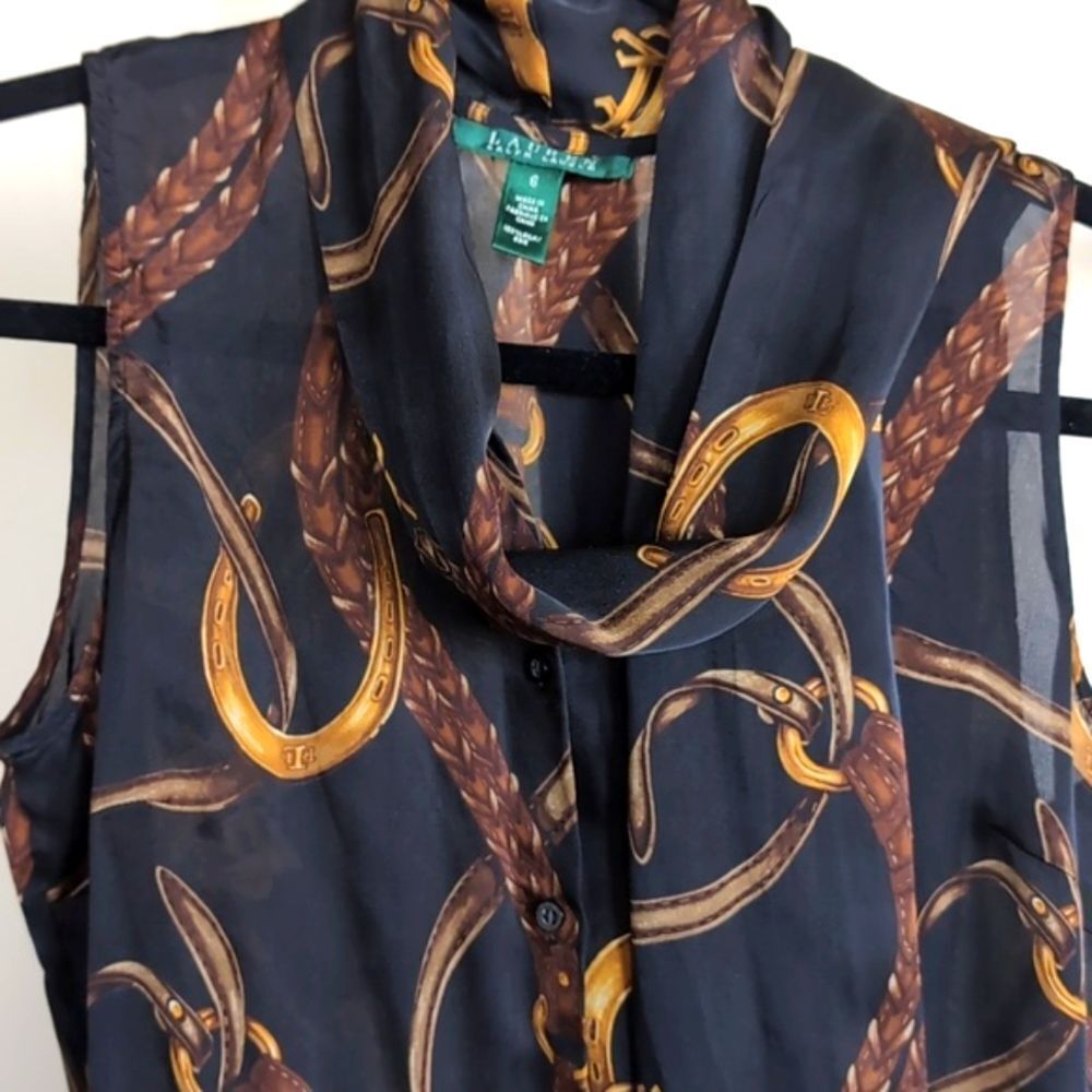 Vintage Ralph Lauren 100% Silk Equestrian Sleeveless Tie Front Blouse